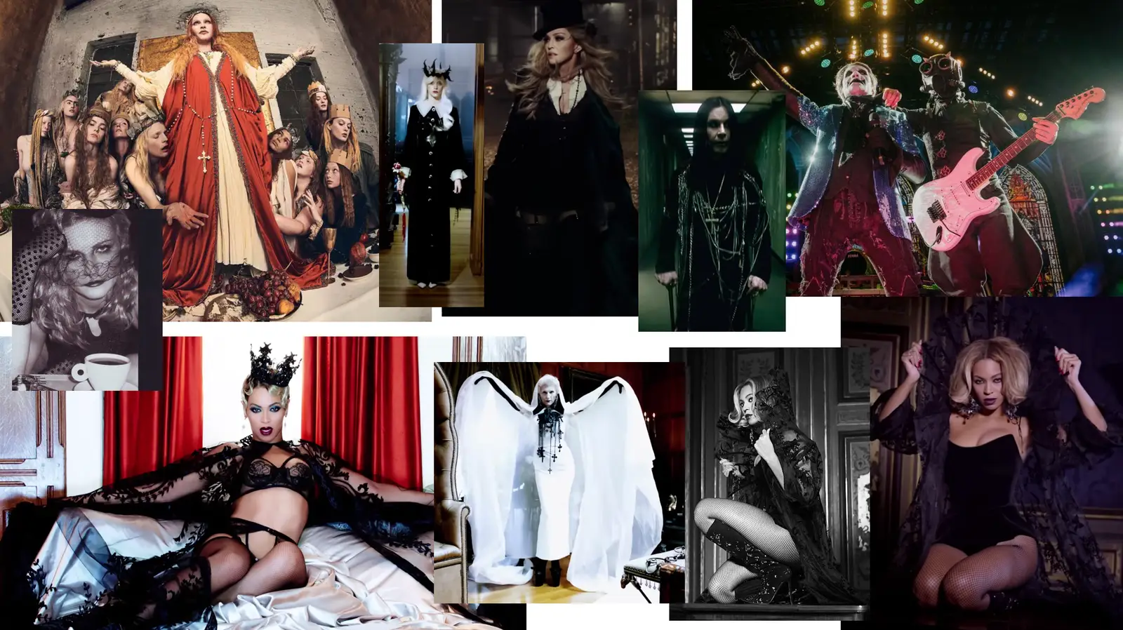 Editorial collage featuring Madonna, Kirsten Dunst, and performance pieces.