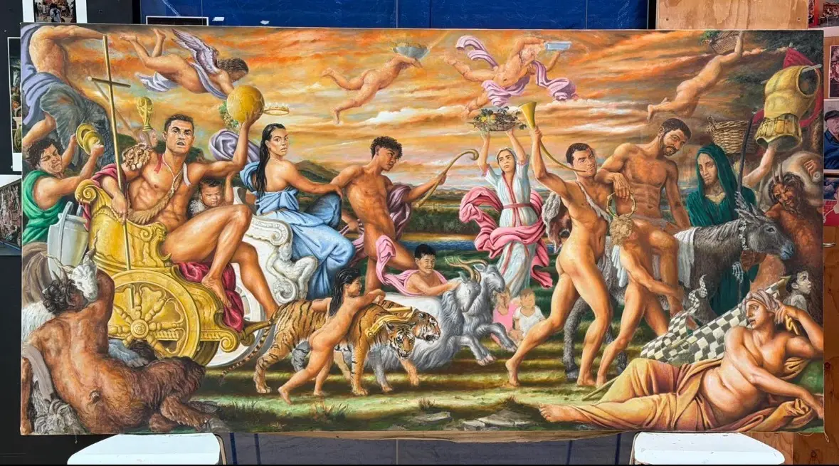 Cristiano Ronaldo atop a golden chariot in Michael J Browne's The GOAT's Last Dance.