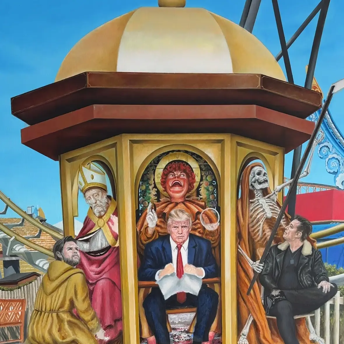 Allegorical carousel painting featuring political figures.